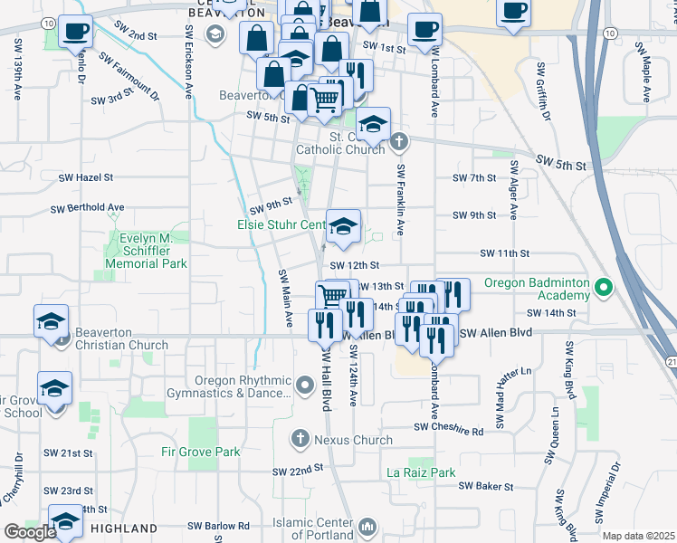 map of restaurants, bars, coffee shops, grocery stores, and more near 12472 Southwest 12th Street in Beaverton