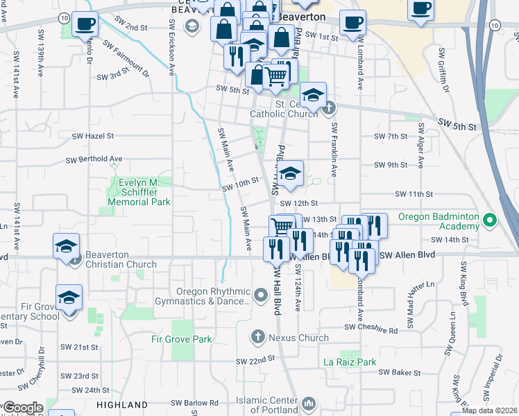 map of restaurants, bars, coffee shops, grocery stores, and more near in Beaverton
