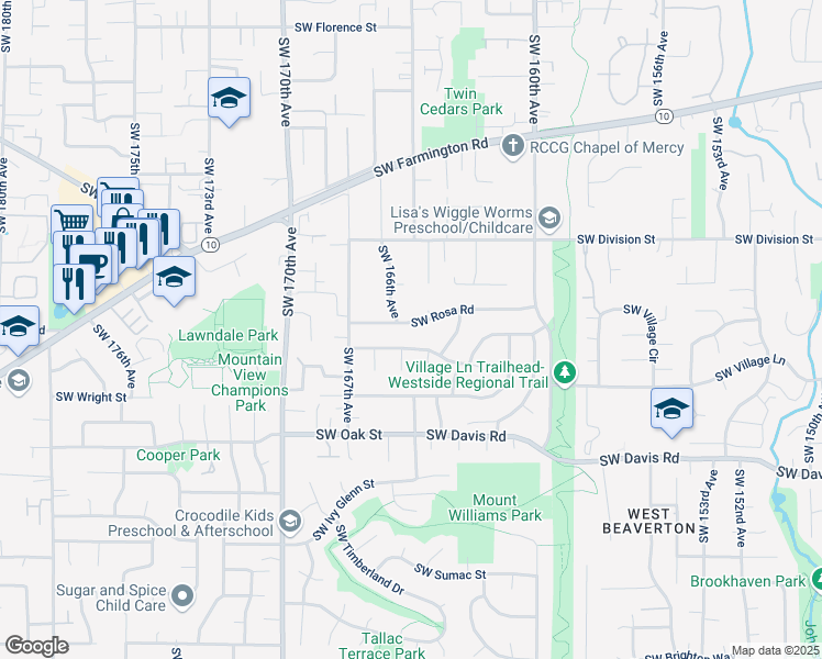 map of restaurants, bars, coffee shops, grocery stores, and more near 16584 Southwest Rosa Road in Beaverton
