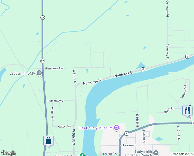 map of restaurants, bars, coffee shops, grocery stores, and more near 205 North Avenue East in Ladysmith