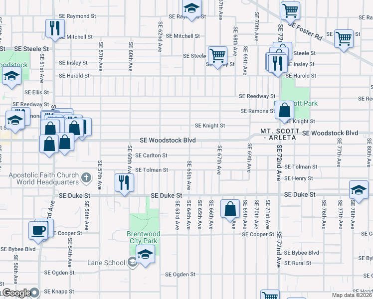 map of restaurants, bars, coffee shops, grocery stores, and more near 6313 Southeast Carlton Street in Portland