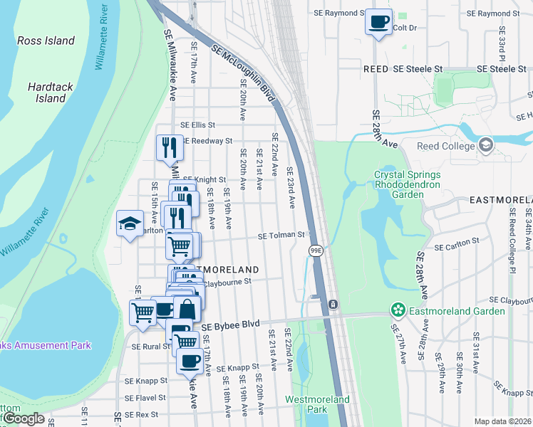 map of restaurants, bars, coffee shops, grocery stores, and more near 6107 Southeast 21st Avenue in Portland