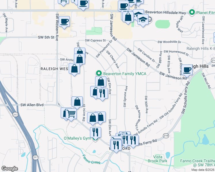 map of restaurants, bars, coffee shops, grocery stores, and more near 5775 Southwest Elm Avenue in Beaverton