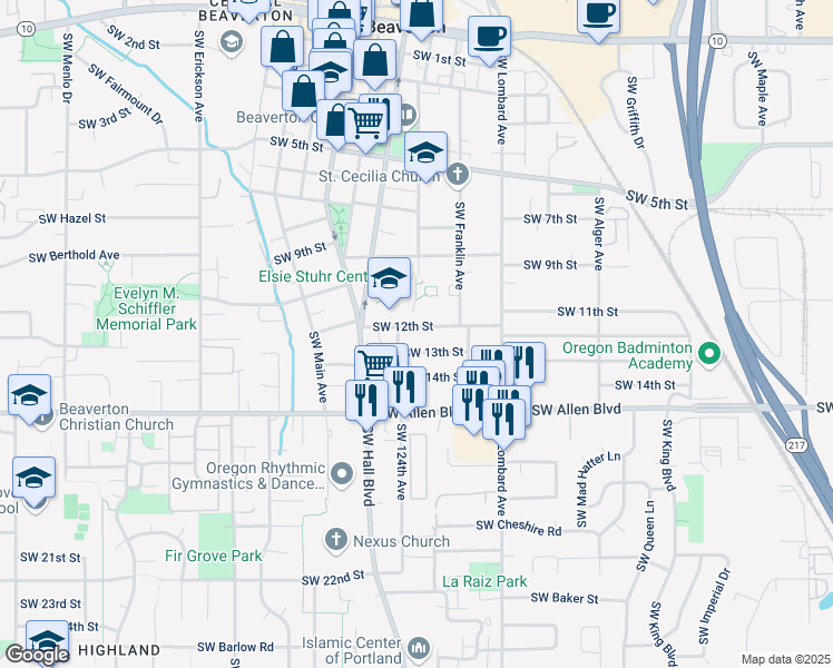 map of restaurants, bars, coffee shops, grocery stores, and more near 12320 Southwest 12th Street in Beaverton