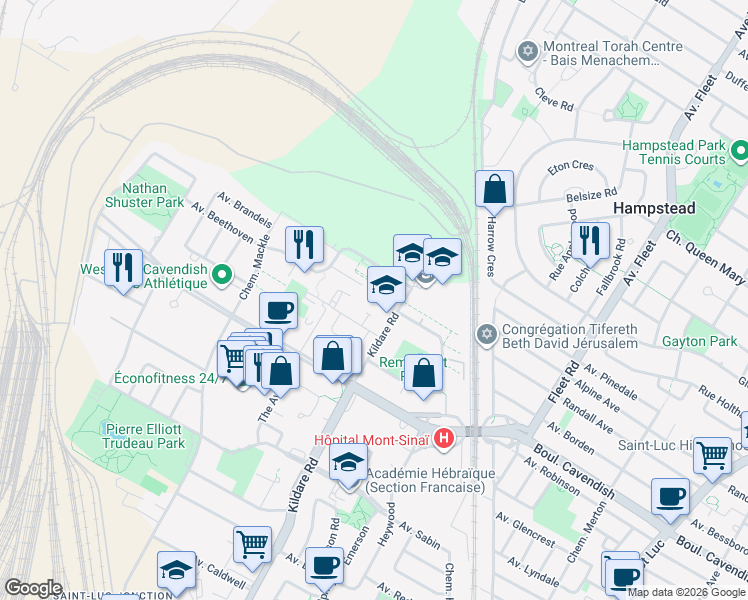 map of restaurants, bars, coffee shops, grocery stores, and more near 6575 Chemin Kildare in Côte Saint-Luc