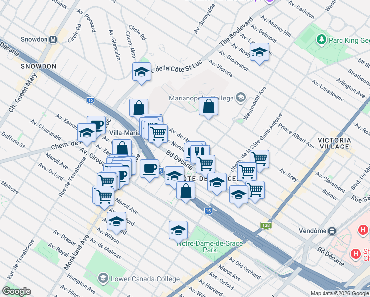 map of restaurants, bars, coffee shops, grocery stores, and more near 4101 Avenue Northcliffe in Montréal