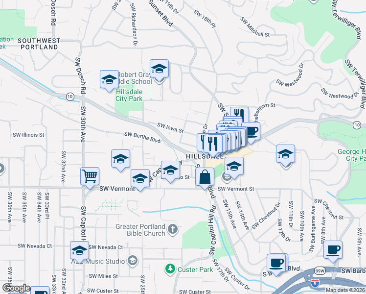 map of restaurants, bars, coffee shops, grocery stores, and more near 2022 Southwest Carolina Street in Portland