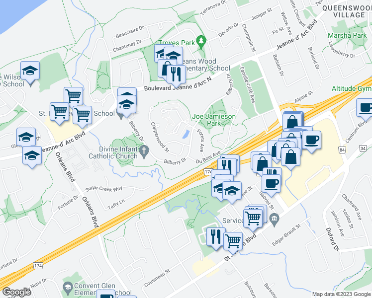 map of restaurants, bars, coffee shops, grocery stores, and more near 103 Copperwood Street in Ottawa