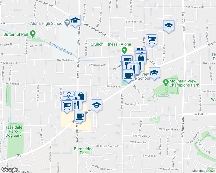map of restaurants, bars, coffee shops, grocery stores, and more near Southwest Rosa Road & Southwest 180th Avenue in Aloha