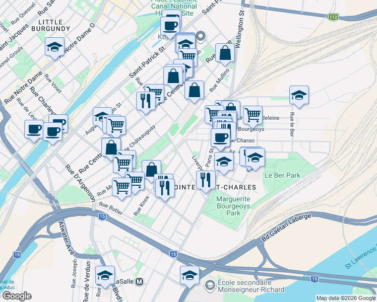 map of restaurants, bars, coffee shops, grocery stores, and more near 850 Rue de Liverpool in Montréal
