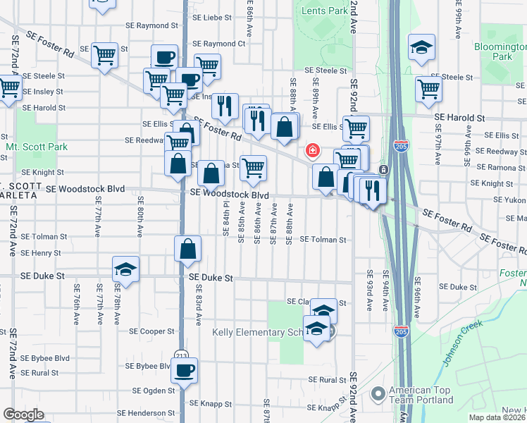 map of restaurants, bars, coffee shops, grocery stores, and more near 6102 Southeast 86th Avenue in Portland