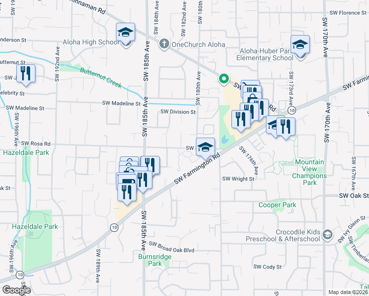 map of restaurants, bars, coffee shops, grocery stores, and more near 18065 Southwest Rosa Road in Aloha
