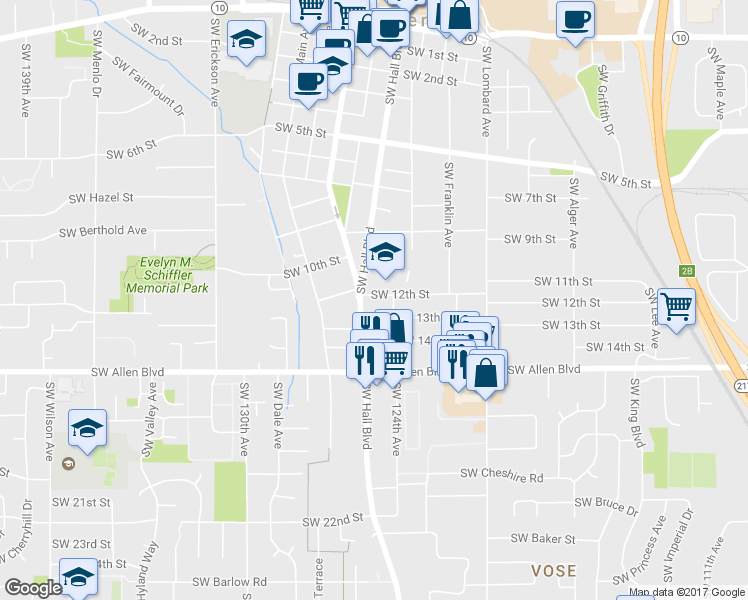 map of restaurants, bars, coffee shops, grocery stores, and more near 12472 Southwest 12th Street in Beaverton