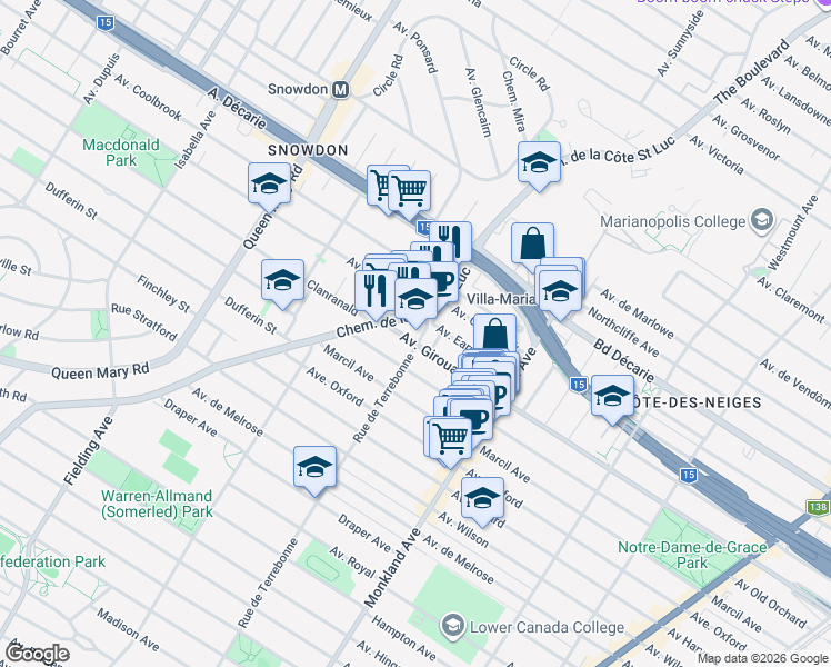 map of restaurants, bars, coffee shops, grocery stores, and more near 5455 Rue de Terrebonne in Montréal