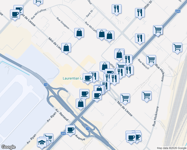 map of restaurants, bars, coffee shops, grocery stores, and more near 255 Montée de Liesse in Montreal