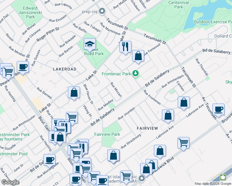 map of restaurants, bars, coffee shops, grocery stores, and more near 137 Rue Mozart in Dollard-des-Ormeaux