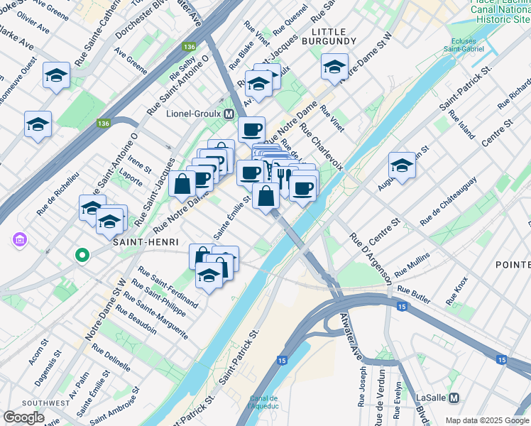 map of restaurants, bars, coffee shops, grocery stores, and more near in Montreal
