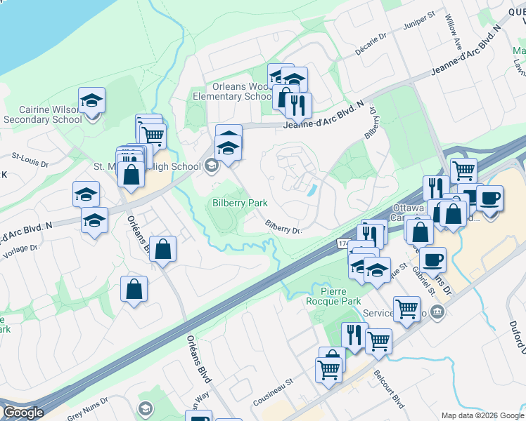 map of restaurants, bars, coffee shops, grocery stores, and more near 6643 Bilberry Drive in Ottawa