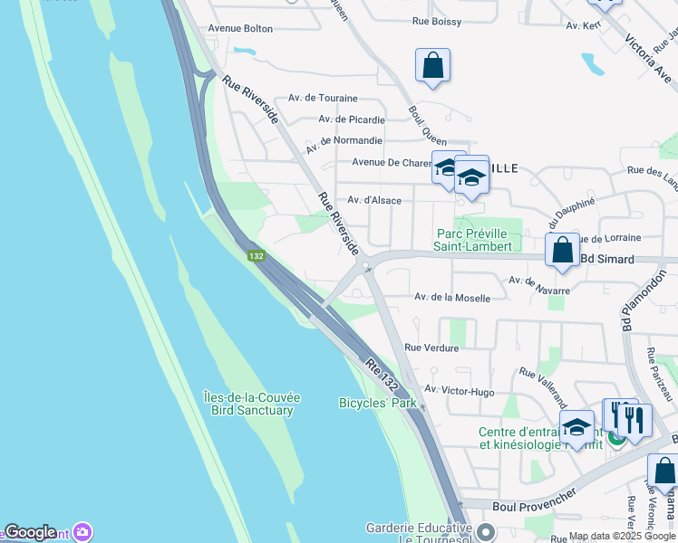 map of restaurants, bars, coffee shops, grocery stores, and more near 7 Boulevard Simard in Saint-Lambert