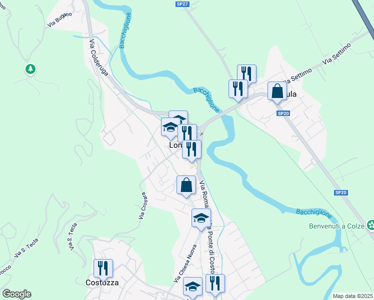 map of restaurants, bars, coffee shops, grocery stores, and more near Strada Statale 247 in Longare