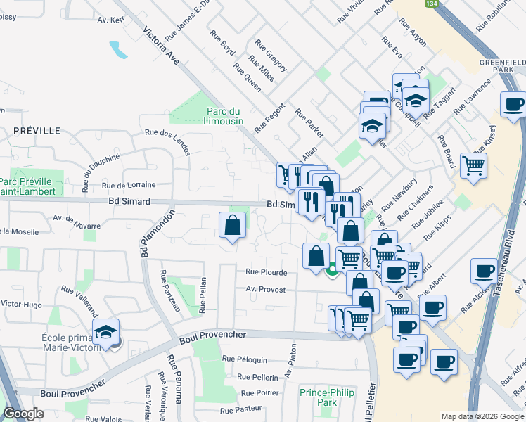 map of restaurants, bars, coffee shops, grocery stores, and more near 549 Avenue d'Isère in Saint-Lambert