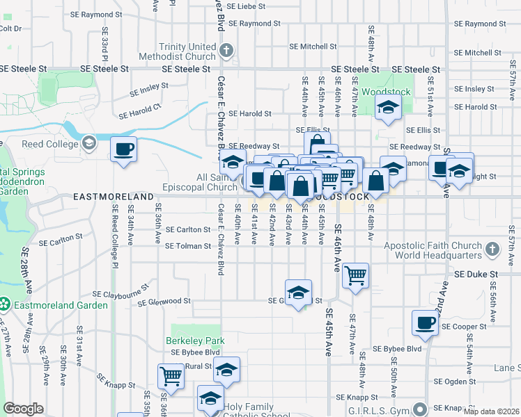 map of restaurants, bars, coffee shops, grocery stores, and more near 6030 Southeast 41st Avenue in Portland