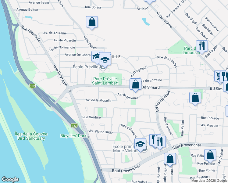 map of restaurants, bars, coffee shops, grocery stores, and more near 99 Avenue de la Gironde in Saint-Lambert