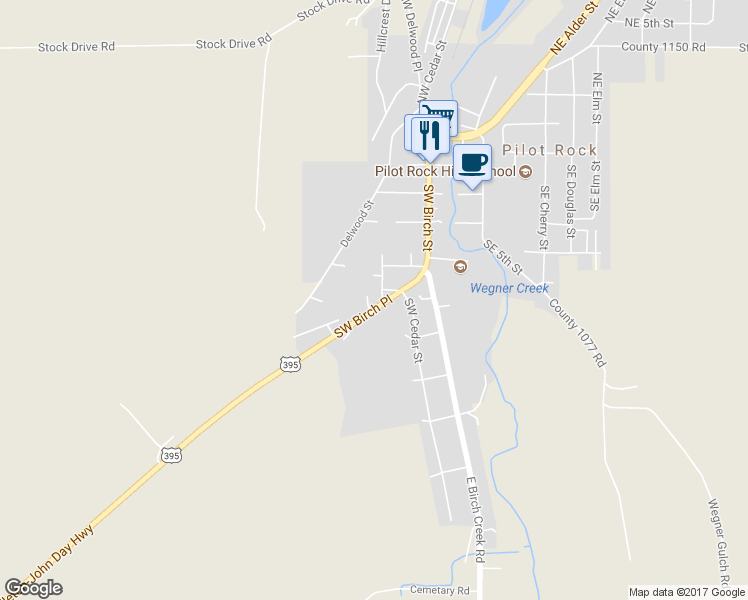 map of restaurants, bars, coffee shops, grocery stores, and more near 565 Southwest Birch Place in Pilot Rock