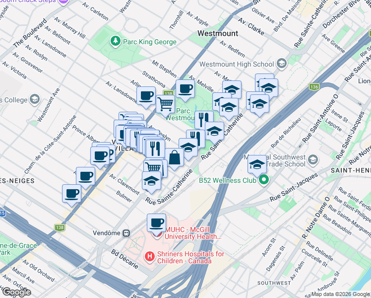 map of restaurants, bars, coffee shops, grocery stores, and more near 4800 Boulevard De Maisonneuve Ouest in Westmount