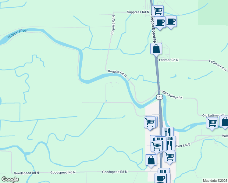 map of restaurants, bars, coffee shops, grocery stores, and more near 1330 Makinster Rd in Tillamook