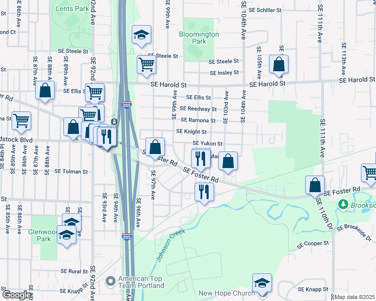 map of restaurants, bars, coffee shops, grocery stores, and more near 6036 Southeast 100th Avenue in Portland