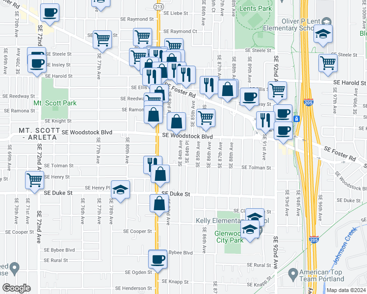 map of restaurants, bars, coffee shops, grocery stores, and more near 6111 Southeast 84th Avenue in Portland