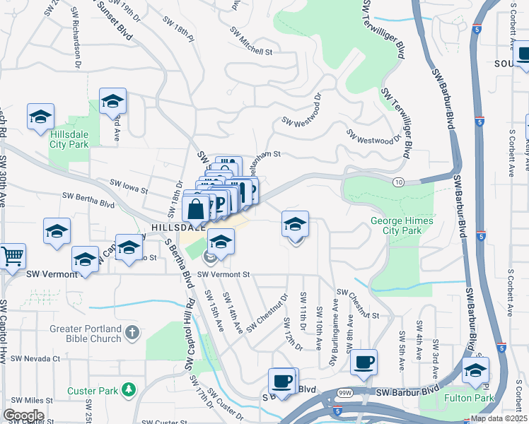map of restaurants, bars, coffee shops, grocery stores, and more near 6220 Southwest Capitol Highway in Portland