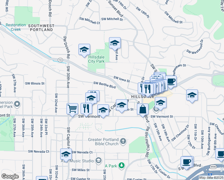map of restaurants, bars, coffee shops, grocery stores, and more near 2310 Southwest Bertha Boulevard in Portland