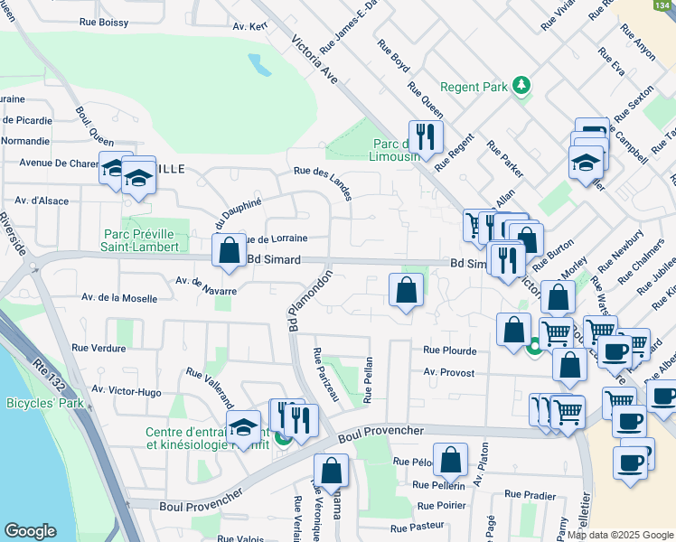 map of restaurants, bars, coffee shops, grocery stores, and more near in Saint-Lambert