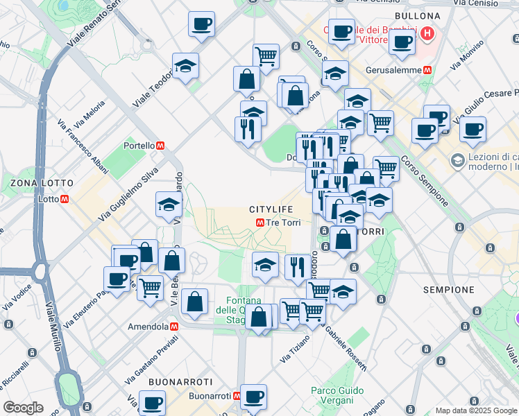 map of restaurants, bars, coffee shops, grocery stores, and more near Piazza Tre Torri in Milano