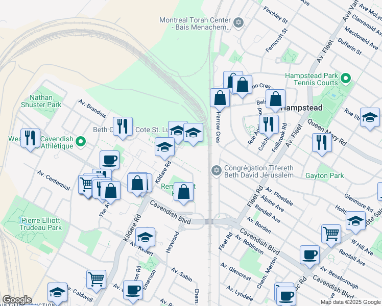 map of restaurants, bars, coffee shops, grocery stores, and more near 6500 Chemin Kildare in Côte Saint-Luc