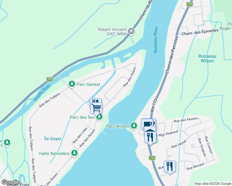 map of restaurants, bars, coffee shops, grocery stores, and more near 1768 Rue des Roses in Carignan