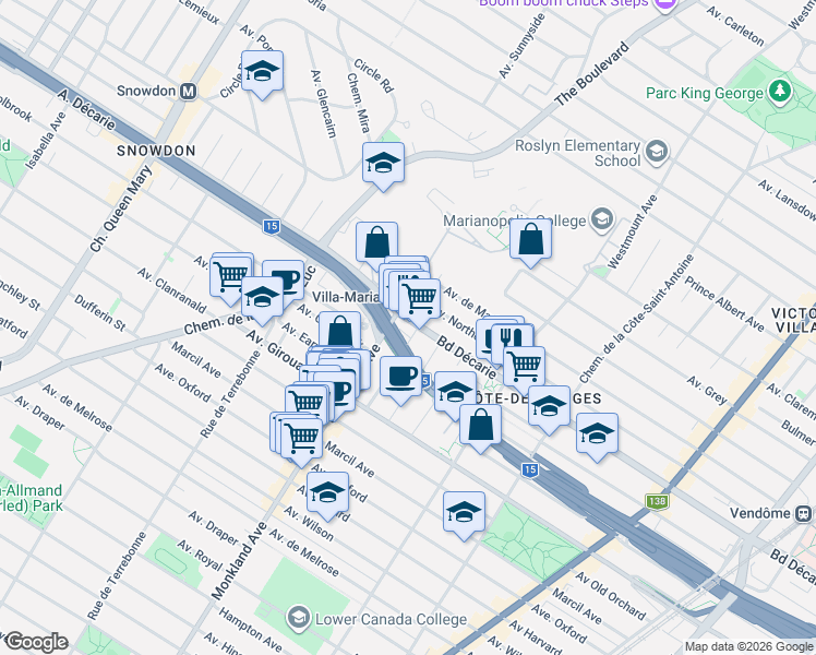 map of restaurants, bars, coffee shops, grocery stores, and more near 4228 Boulevard Décarie in Montréal