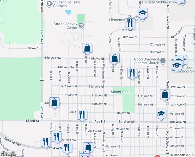 map of restaurants, bars, coffee shops, grocery stores, and more near 1211-1299 North Washington Street in Aberdeen
