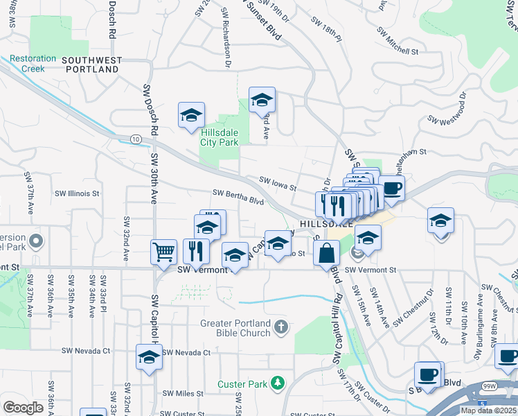map of restaurants, bars, coffee shops, grocery stores, and more near 2310 Southwest Bertha Boulevard in Portland