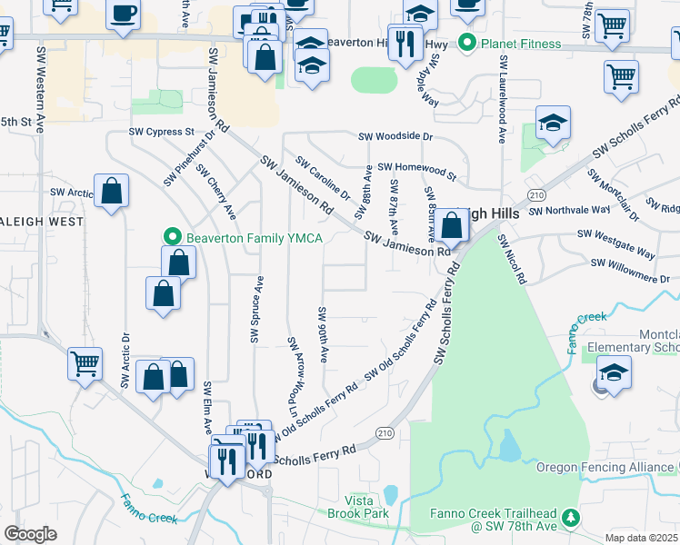 map of restaurants, bars, coffee shops, grocery stores, and more near 8920 Southwest Rosewood Way in Portland