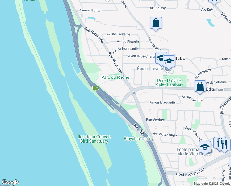 map of restaurants, bars, coffee shops, grocery stores, and more near 3 Boulevard Simard in Saint-Lambert