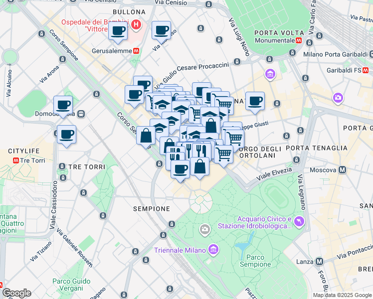 map of restaurants, bars, coffee shops, grocery stores, and more near 34 Via Francesco Melzi d'Eril in Milano