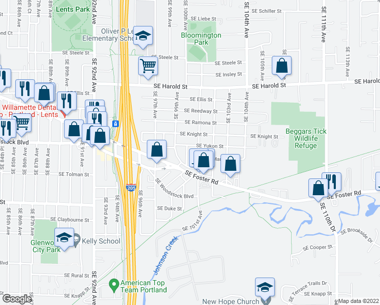 map of restaurants, bars, coffee shops, grocery stores, and more near 6036 Southeast 100th Avenue in Portland