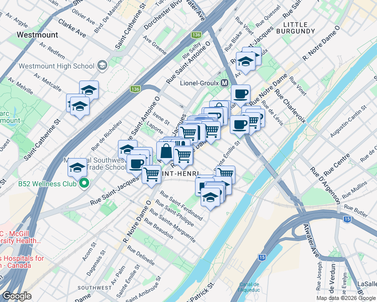 map of restaurants, bars, coffee shops, grocery stores, and more near 3791 Rue Notre-Dame Ouest in Montréal