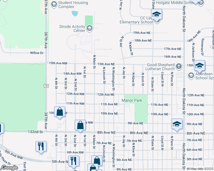 map of restaurants, bars, coffee shops, grocery stores, and more near 1211-1299 North Washington Street in Aberdeen