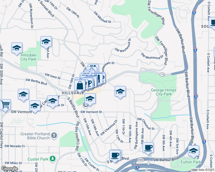 map of restaurants, bars, coffee shops, grocery stores, and more near 6235 Southwest Burlingame Avenue in Portland