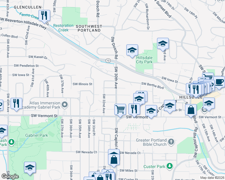 map of restaurants, bars, coffee shops, grocery stores, and more near 3115 Southwest Carolina Street in Portland
