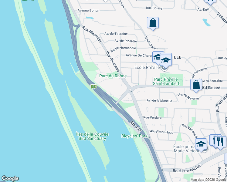 map of restaurants, bars, coffee shops, grocery stores, and more near 3 Boulevard Simard in Saint-Lambert